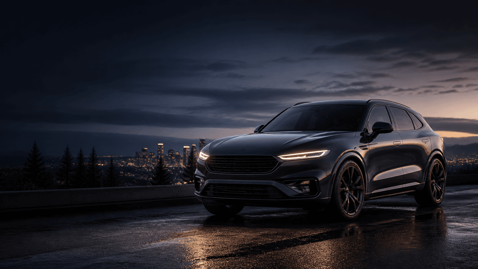 Graphite crossover overlooking a Canadian city at dusk